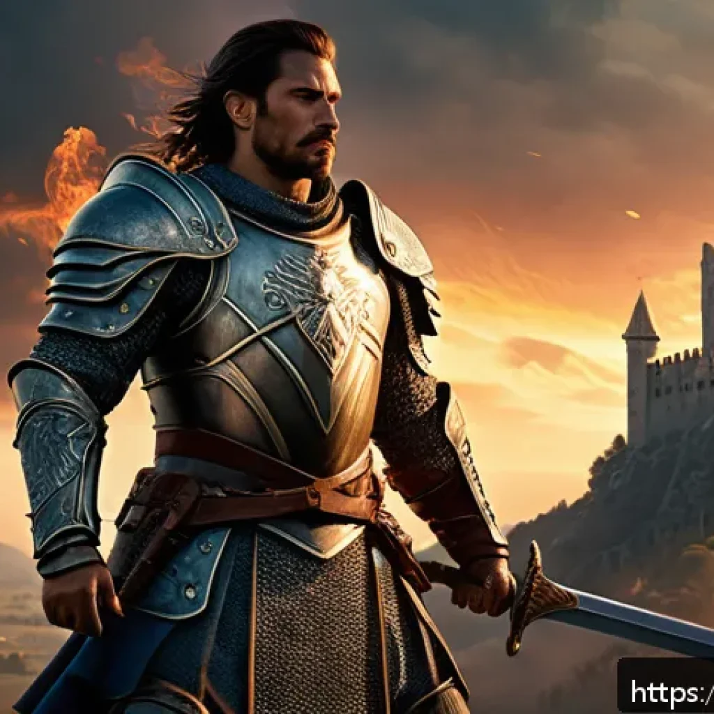 리니지 초보자를 위한 팁 - A dynamic fantasy warrior character standing boldly on a battlefield at dusk, wearing heavy, robust ...