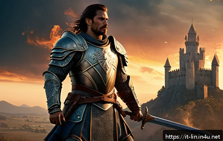리니지 초보자를 위한 팁 - A dynamic fantasy warrior character standing boldly on a battlefield at dusk, wearing heavy, robust ...