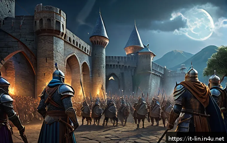 리니지 퀘스트 효율 순위 - A detailed fantasy game scene showing a diverse group of players collaborating in a clan mission: ar...