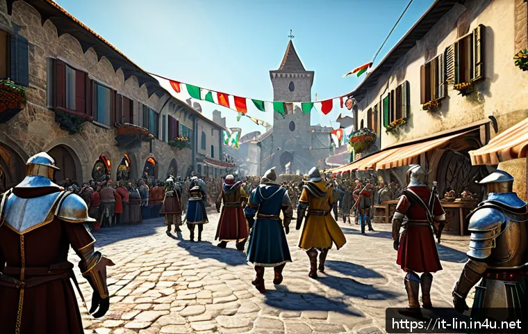 리니지 서버 특징 비교 - A vibrant Italian private Lineage server scene showing a diverse group of enthusiastic players in me...