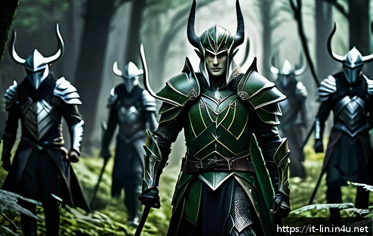 리니지 세계관 심층 분석 - A majestic fantasy battlefield scene depicting the clash between the Elves and Dark Elves factions f...