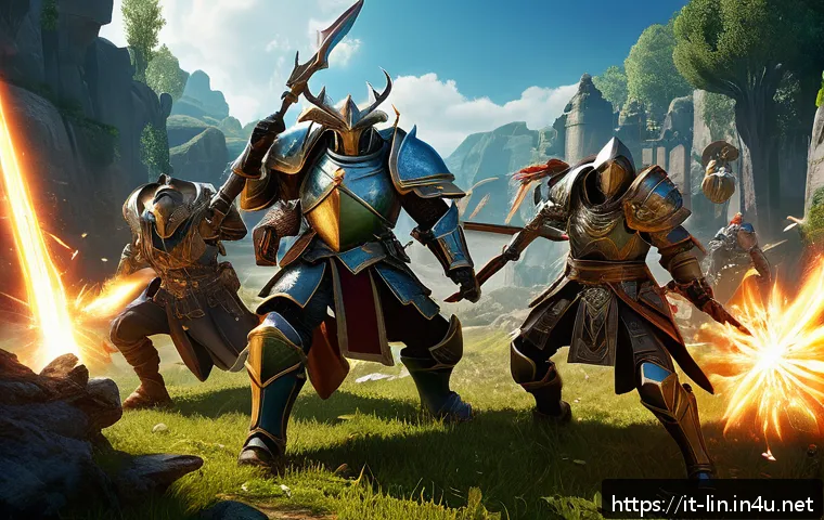 리니지 신규 컨텐츠 분석 - A dynamic battle scene in a fantasy MMORPG setting, showcasing diverse character classes each using ...