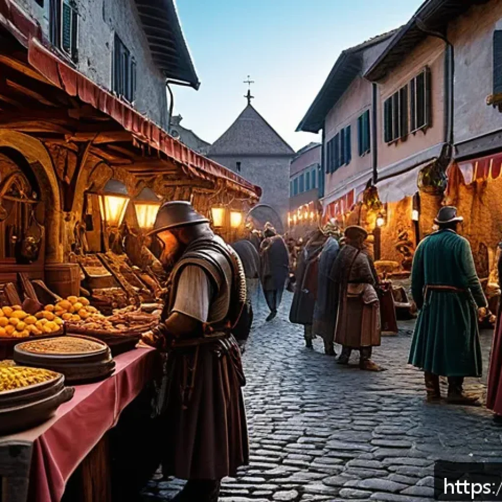 리니지 희귀템 거래소 공략 - A detailed fantasy marketplace scene in a medieval Italian-inspired town square during a special eve...
