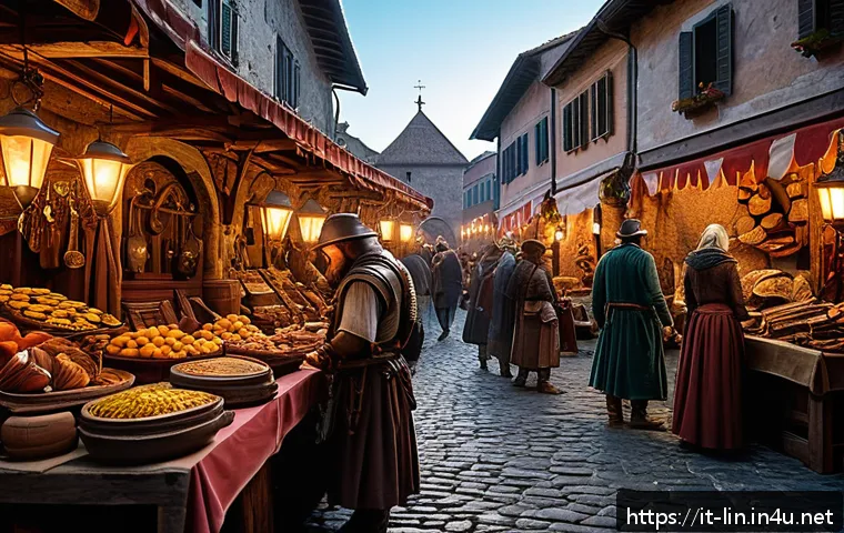 리니지 희귀템 거래소 공략 - A detailed fantasy marketplace scene in a medieval Italian-inspired town square during a special eve...