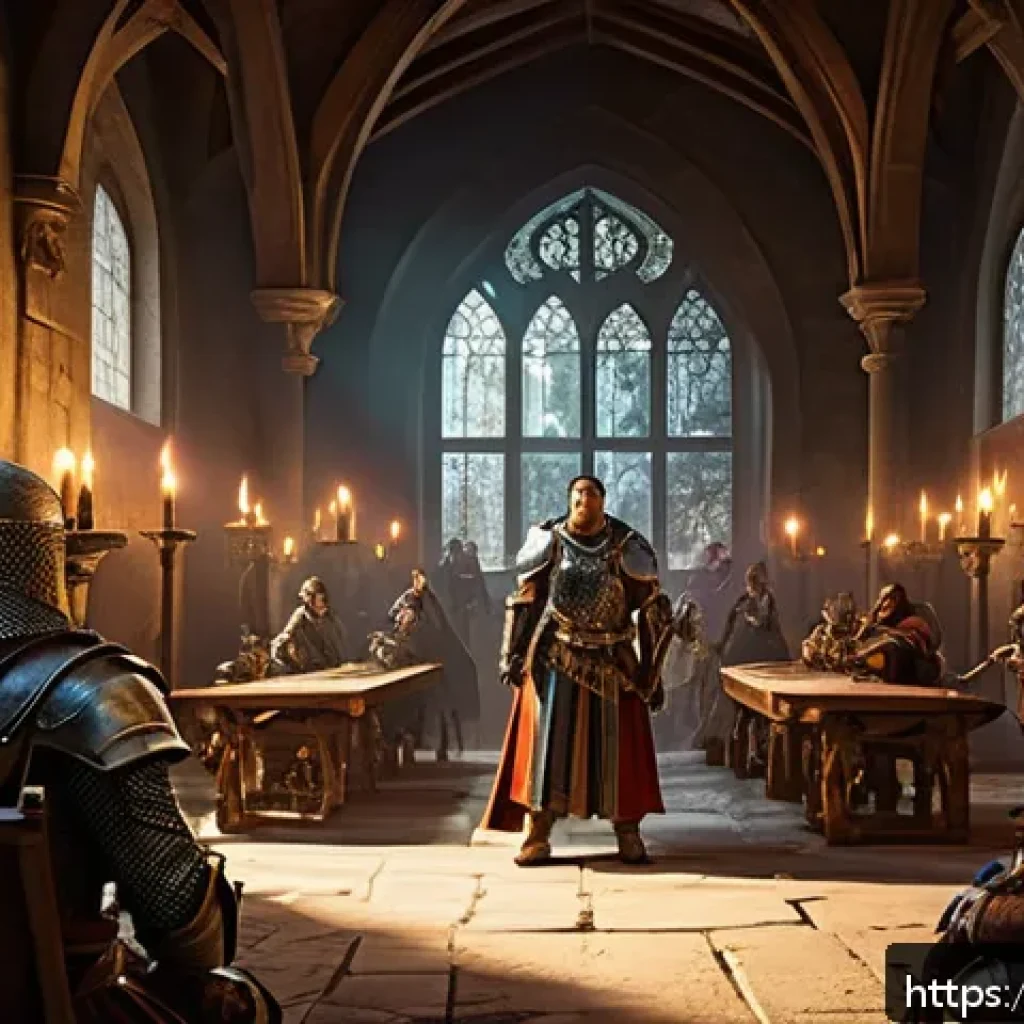 리니지 혈맹의 장단점 - A dynamic fantasy guild meeting scene in a richly detailed medieval-style castle hall, featuring a d...