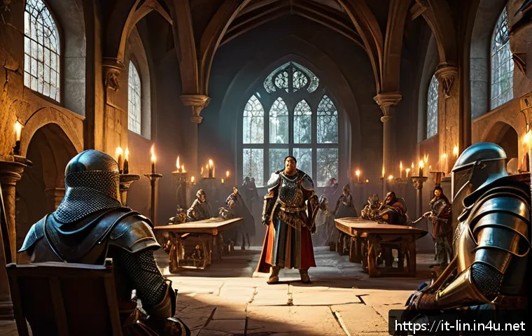 리니지 혈맹의 장단점 - A dynamic fantasy guild meeting scene in a richly detailed medieval-style castle hall, featuring a d...