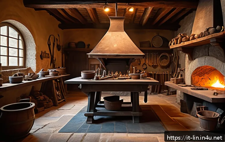 리니지 희귀 무기 제작법 - A detailed fantasy blacksmith forge scene inside a medieval Italian-style workshop, featuring a skil...
