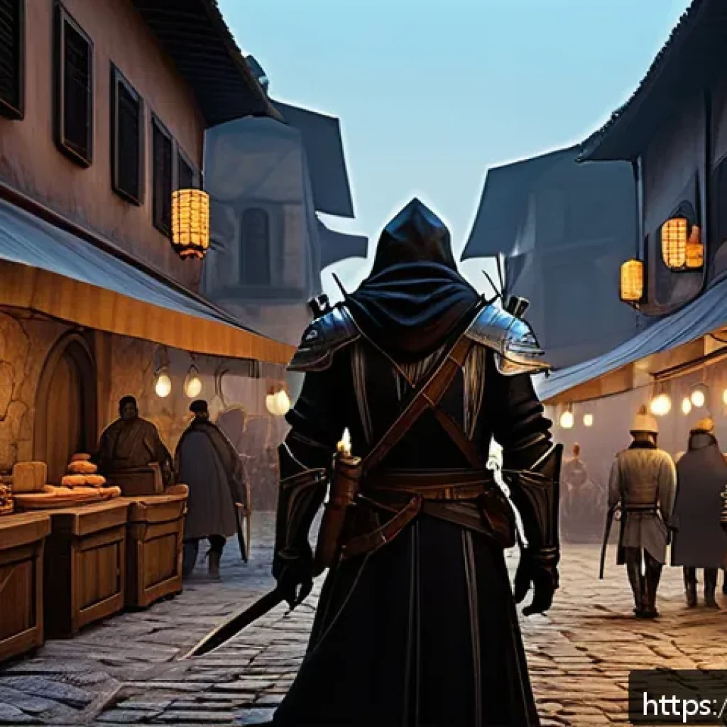 리니지 PK 방지법 - A tense fantasy MMORPG city scene at dusk, showing a cautious player character in light armor moving...