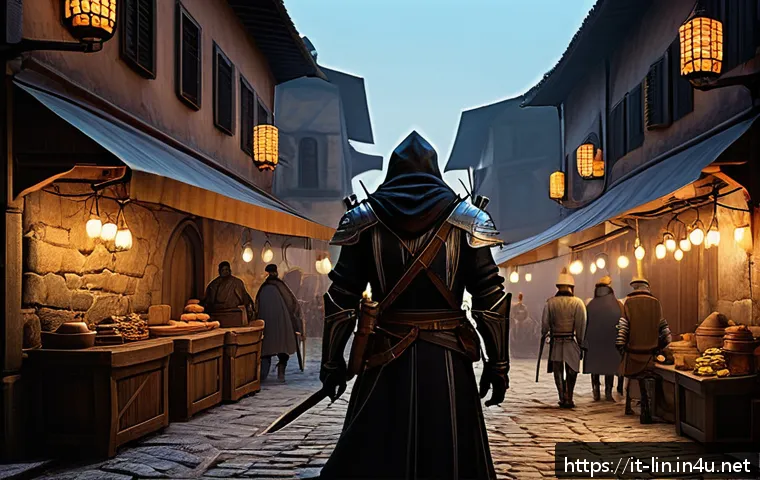 리니지 PK 방지법 - A tense fantasy MMORPG city scene at dusk, showing a cautious player character in light armor moving...