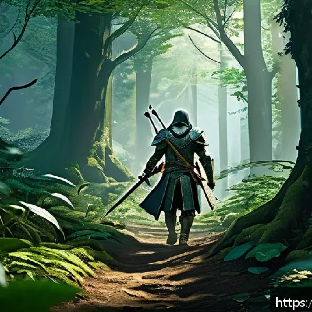리니지 자동 사냥 설정법 - A detailed fantasy RPG character engaged in automatic hunting mode in a lush, mystical forest settin...
