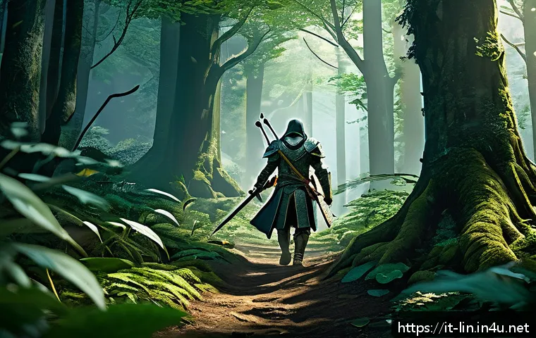 리니지 자동 사냥 설정법 - A detailed fantasy RPG character engaged in automatic hunting mode in a lush, mystical forest settin...