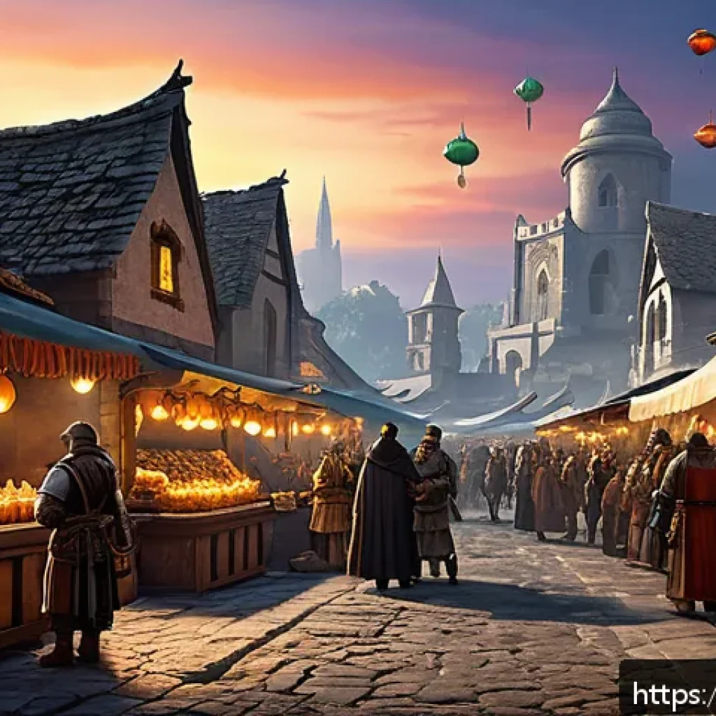 리니지 거래 시스템 이해 - A detailed fantasy marketplace scene from the MMORPG Lineage, showing a bustling medieval-style mark...