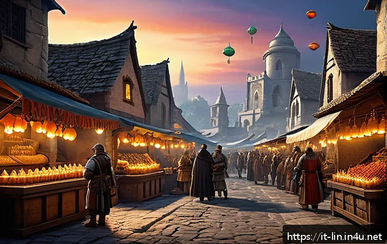 리니지 거래 시스템 이해 - A detailed fantasy marketplace scene from the MMORPG Lineage, showing a bustling medieval-style mark...