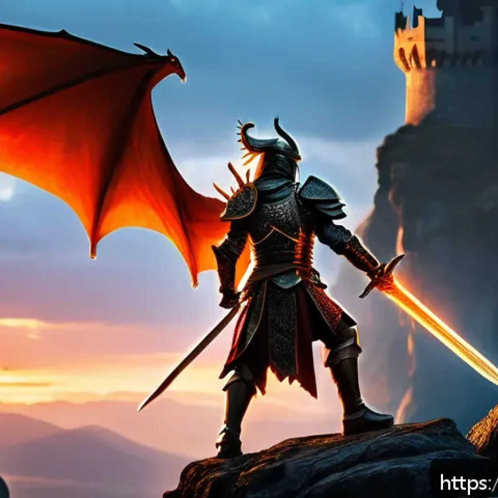 리니지 고급 장비 가치 비교 - A high-fantasy warrior in detailed, ornate armor wielding the Dragon Sword, glowing with a red and g...