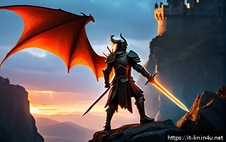 리니지 고급 장비 가치 비교 - A high-fantasy warrior in detailed, ornate armor wielding the Dragon Sword, glowing with a red and g...