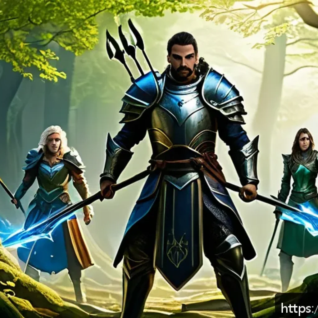 리니지 팬덤 이벤트 - A dynamic fantasy battle scene featuring a well-organized team of four characters in a lush, mystica...