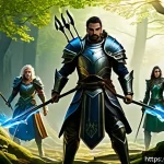 Home 22 리니지 팬덤 이벤트 - A dynamic fantasy battle scene featuring a well-organized team of four characters in a lush, mystica...