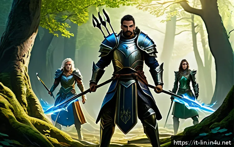 리니지 팬덤 이벤트 - A dynamic fantasy battle scene featuring a well-organized team of four characters in a lush, mystica...