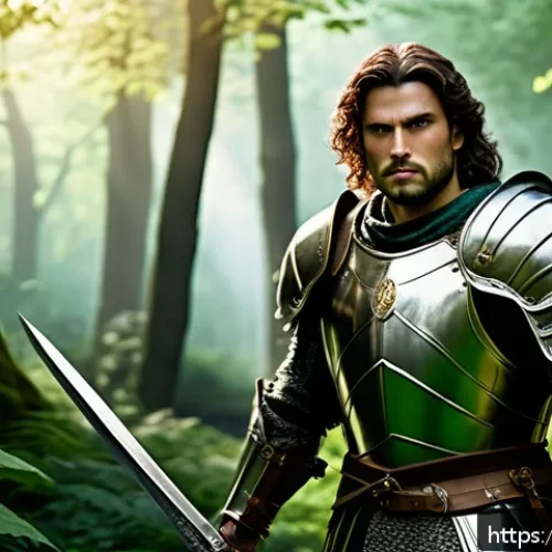 Home 33 리니지 신규 유저 공략 - A heroic fantasy warrior character standing confidently in a lush medieval forest clearing, wearing ...