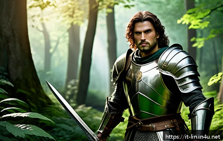 리니지 신규 유저 공략 - A heroic fantasy warrior character standing confidently in a lush medieval forest clearing, wearing ...