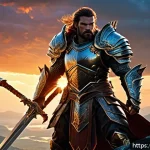 Home 20 리니지 전설 클래스 해금 조건 - A heroic fantasy warrior character standing confidently on a rugged mountain cliff at dawn, clad in ...