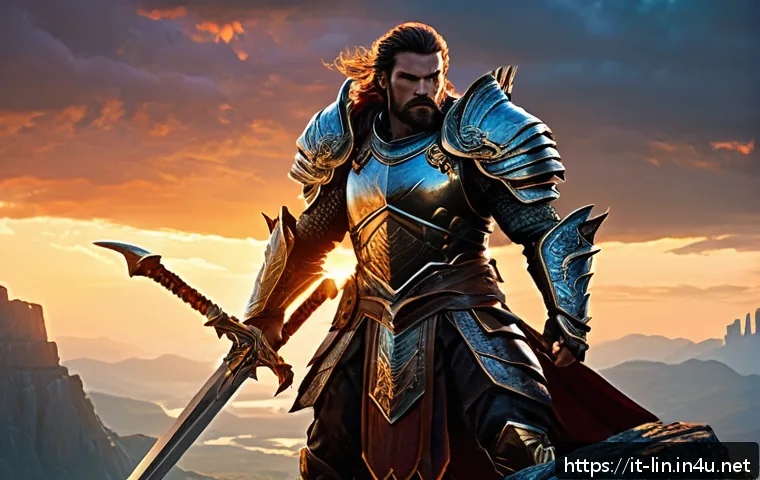 리니지 전설 클래스 해금 조건 - A heroic fantasy warrior character standing confidently on a rugged mountain cliff at dawn, clad in ...