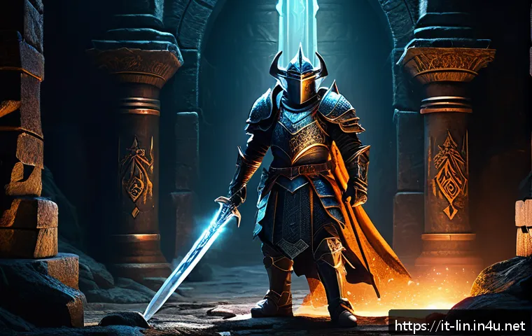 리니지 희귀 장비 설명 - A detailed scene inside the Antharas dungeon, showcasing a heroic adventurer clad in full armor wiel...