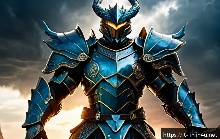 리니지 아이템 카탈로그 - A fierce warrior clad in the Dragon Armor, a dynamic battle suit glowing with shifting scales that i...