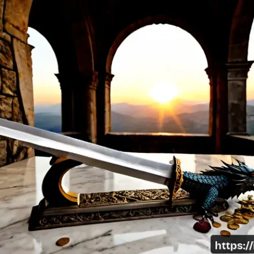 리니지 레전드리 무기 설명 - Photorealistic high-fantasy still life of a legendary dragon-forged longsword resting on a weathered...