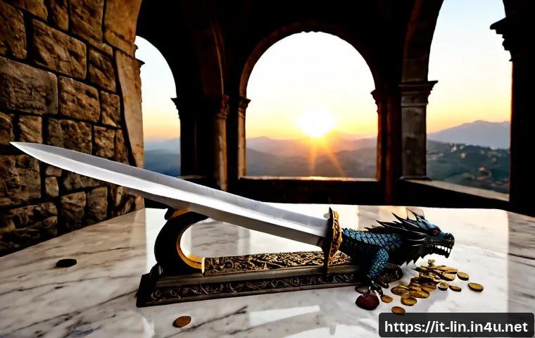 리니지 레전드리 무기 설명 - Photorealistic high-fantasy still life of a legendary dragon-forged longsword resting on a weathered...