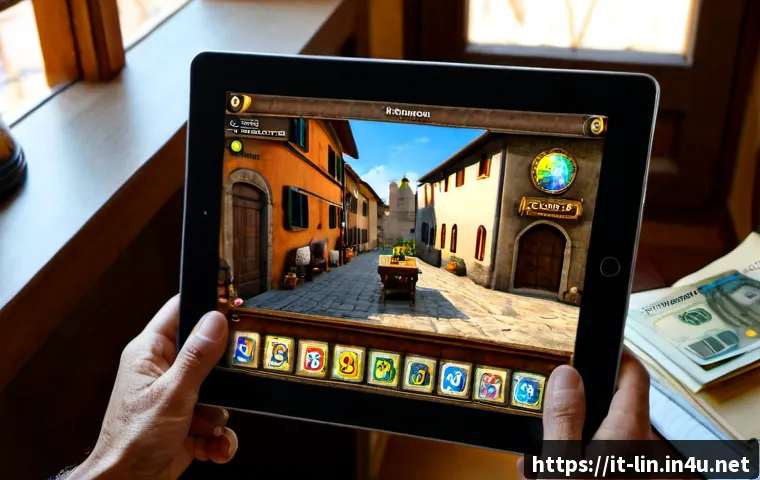 Home 17 리니지 패키지 상품 분석 - Photorealistic Italian home office scene, middle-aged gamer comparing fantasy mobile game purchase b...