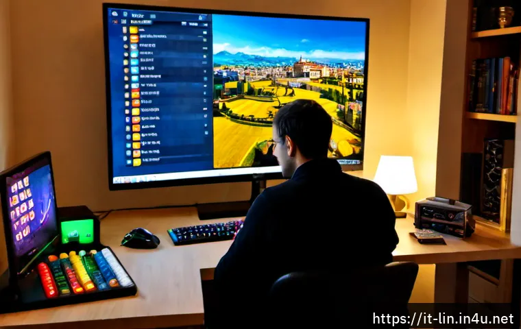 Home 17 리니지 장기적 플레이 목표 - Photorealistic Italian adult gamer planning long-term fantasy MMORPG goals at a tidy home desk in Mi...