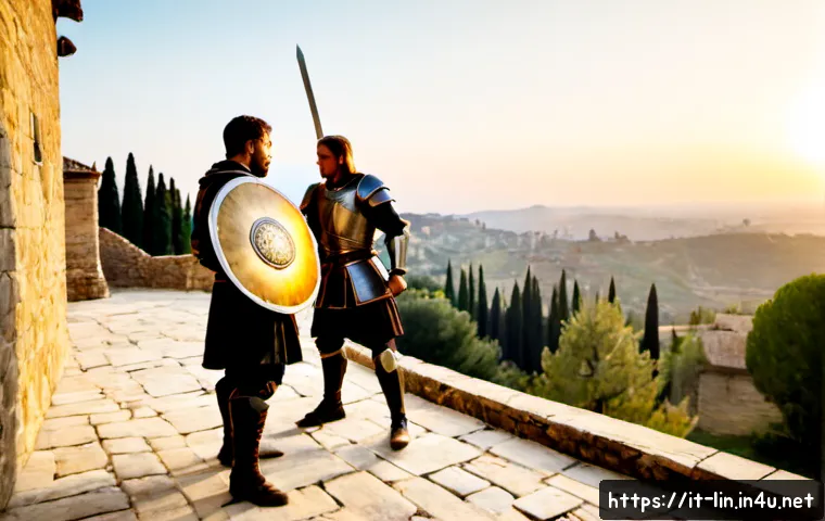 Home 17 리니지 PVP 대결의 묘미 - Photorealistic cinematic fantasy PvP duel in a medieval Italian-inspired hilltop fortress at sunset,...