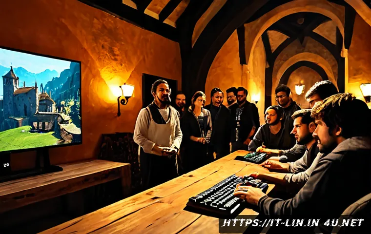 리니지 신규 혈맹 시스템 소개 - Photorealistic cinematic scene of a diverse group of Italian fantasy MMO players gathered around a m...