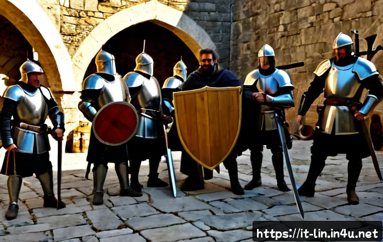 리니지 공성전 준비물 - Photorealistic medieval fantasy siege preparation in an Italian-inspired stone fortress courtyard at...
