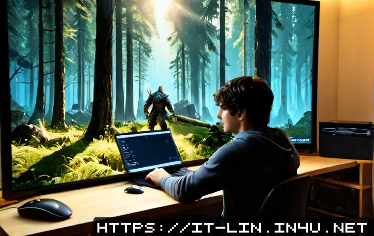 Home 17 리니지 고효율 사냥터 공략 - Photorealistic fantasy gaming strategy scene, focused young Italian gamer at a clean modern desk stu...