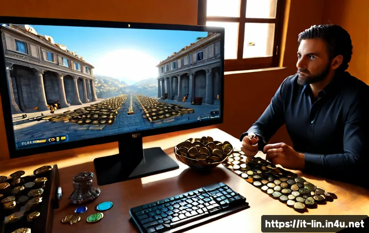 리니지 크래프팅 경제학 - Photorealistic Italian home office scene, an adult gamer thoughtfully comparing a fantasy crafting e...