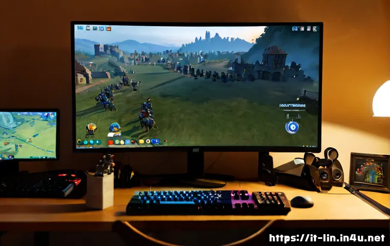 리니지 모바일과 PC 차이 - Photorealistic comparison scene of an Italian gamer at a clean home desk, a large desktop monitor sh...