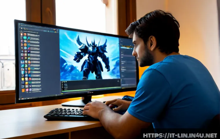 리니지 게임 메타 변경점 - Photorealistic Italian gaming enthusiast at a clean home desk in Milan, studying a fantasy MMORPG me...